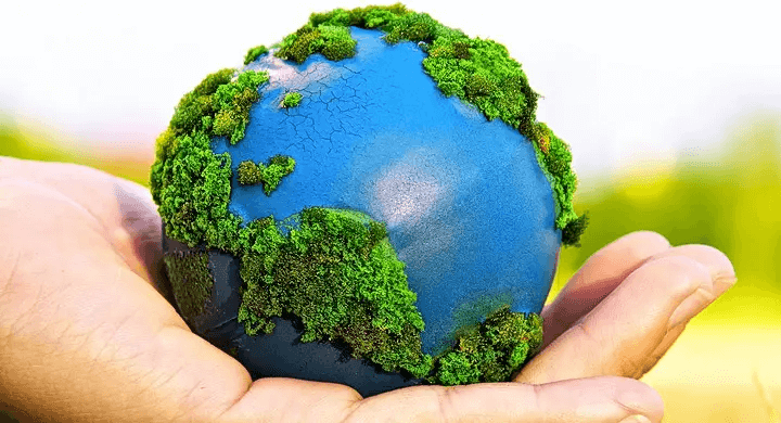 Mano sosteniendo una bola del mundo hecha con hierba